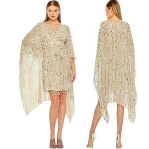Mac Duggal Cape Back Fringe Beaded Robe Dress Size Large Style #94044 in Nude